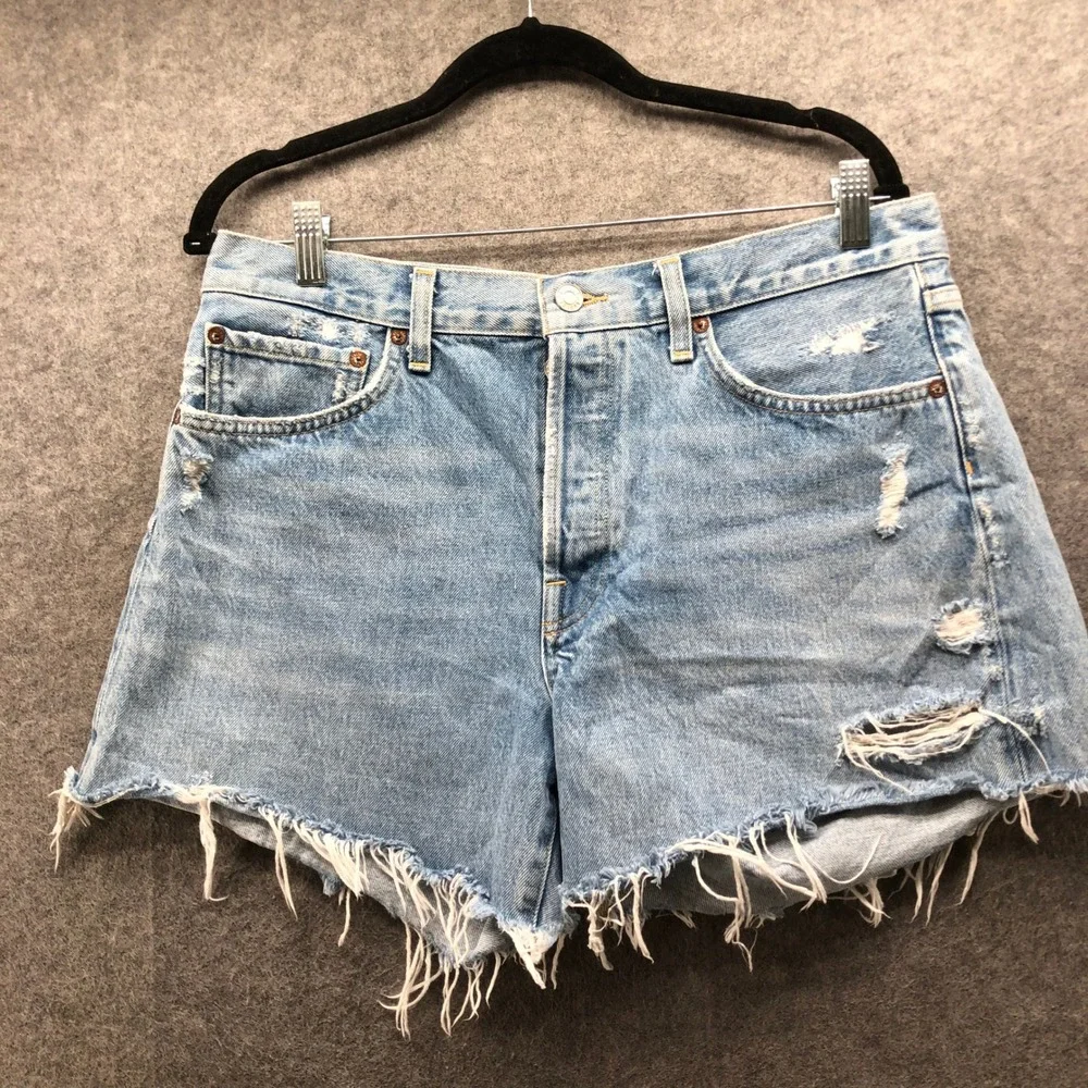 AGOLDE Parker Long Short Swapmeet High Rise Cut Off Denim Shorts Size 29 Blue